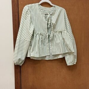 Green and White Striped Tie-Front Peplum Blouse with Matching Shorts